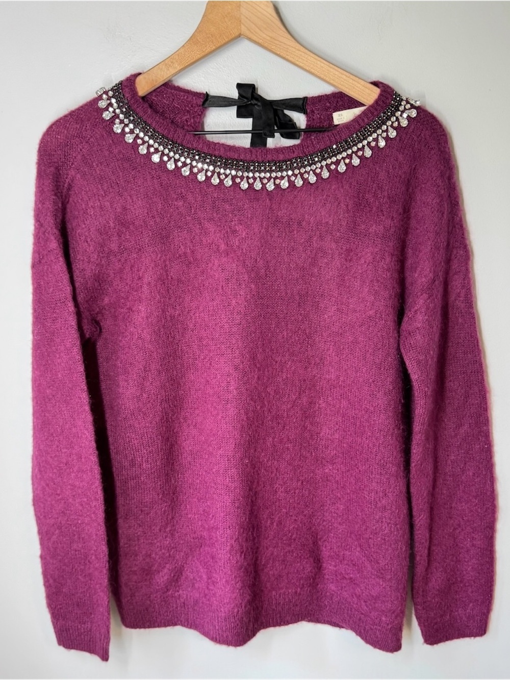 HINGE Mulberry Wool Blend Glam Rhinestone Collar Long Sleeve Sweater Sz XS